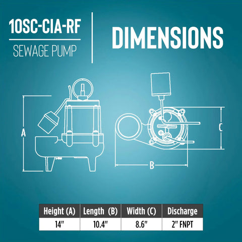 Heavy Duty Half Horsepower Submersible Sewage Effluent Pump Featuring Straight Up Automatic Float Switch And Rock Solid Epoxy Coated Cast Iron Body dimensions diagram