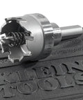 Klein Tools heavy-duty hole saw cutter with pilot bit and spring, close-up view