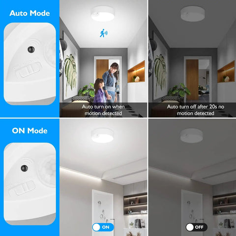 Two Pack Battery Operated Motion Sensor LED Ceiling Lights With Remote, 7.5 Inch Flush Mount, auto and on modes, room installation.