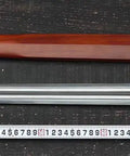 Fully Handmade Damascus Steel Folding Blade Sword With Rosewood Scabbard and Brass Fittings on display with measuring tape