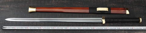 Fully Handmade Damascus Steel Folding Blade Sword With Rosewood Scabbard and Brass Fittings on display with measuring tape