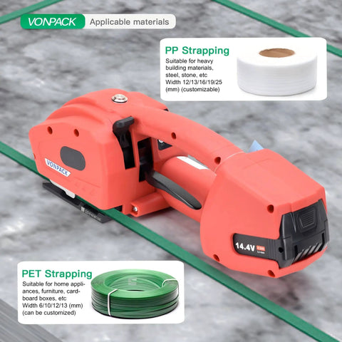 Hustle Free Electric Strapping Machine With Bright Digital Display And Massive 4000 Mah Battery Handles Half To Five Eighths In Poly Straps No Sweat Compact Cordless Bundler For Wood Metal Crate Packing on a surface with strapping rolls.