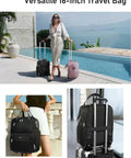 Underseat Carry On Luggage With Wheels For Travel, 16 Inch Softside Rolling Underseat Luggage next to a poolside traveler