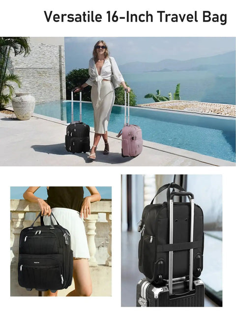 Underseat Carry On Luggage With Wheels For Travel, 16 Inch Softside Rolling Underseat Luggage next to a poolside traveler