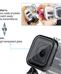 Comparison of plastic lens case with waterproof dive housing ultra clear optical glass for GoPro Hero 5 4 Session.