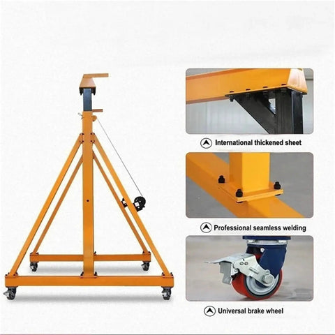 Portable 4 Wheel Mobile Gantry Overhead Crane With Heavy Duty Compact Frame Built For Tight Garages Smooth Riding Casters, showcasing welding and caster details.