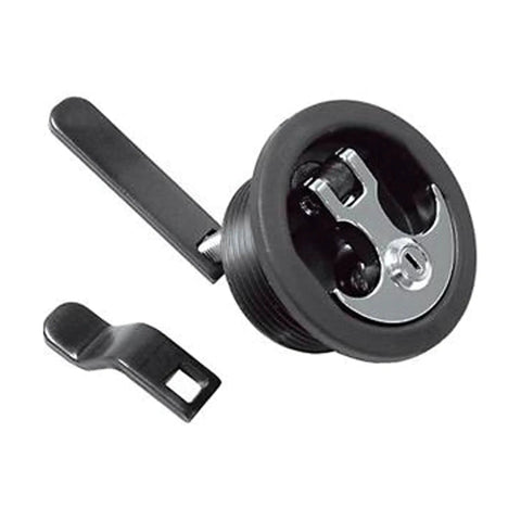 Anchor Handle Lock for Boat Lids Black No Fuss Install Waterproof With Stainless Steel Stem Fits Aluminum Fiberglass And Carpeted Surfaces Gasket Included For Smooth, Secure Mount On Marine Lids, showing lock and handle details.