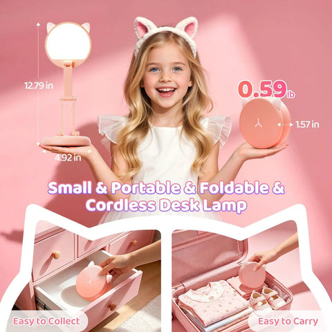 Girl holding Pink Foldable Desk Lamp for Dorm Rooms and College Girls Rechargeable and Dimmable Portable Cat Lamp