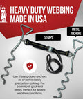 Heavy Duty Basketball Hoop Anchor Tie Down Kit For Secure Court Setup Ground Stakes shown with straps and metal anchors