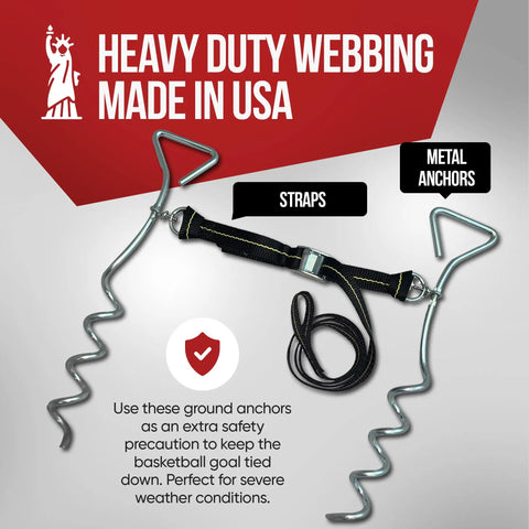 Heavy Duty Basketball Hoop Anchor Tie Down Kit For Secure Court Setup Ground Stakes shown with straps and metal anchors
