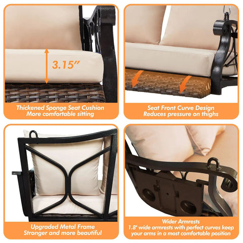 Close-up of Three Person Wicker Porch Swing With Cup Holder, highlighting thick cushions, curved design, and strong metal frame.