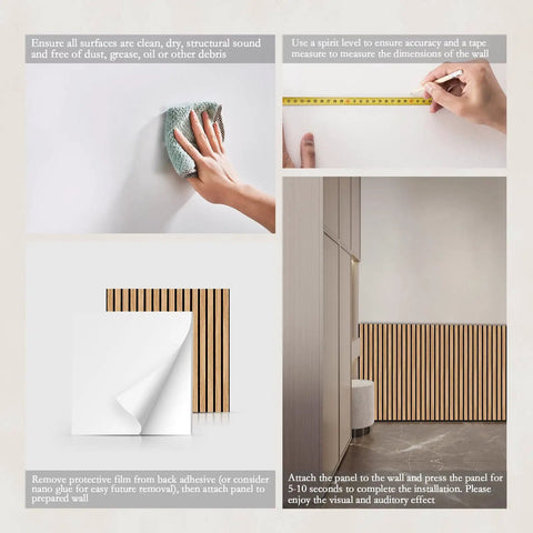 Installation guide for Six Pack Large Acoustic Panels Killer Soundproof Foam Wall Tiles on clean wall surface with adhesive.