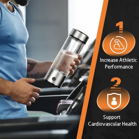 Person holding Hydrogen Water Bottle Generator On The Go Portable Rechargeable Ionizer With SPE PEM Technology in a gym setting