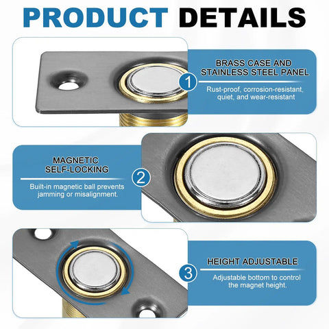 Magnetic Door Ball Catch 8 Pack For Top Of Doors And Invisible Cabinets Adjustable Closet Magnetic Door Latch With Stainless Steel Screws Gray Finish showing brass and stainless material details.