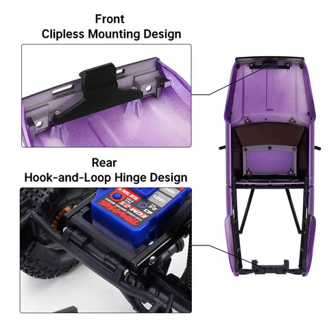 1/18 Scale RC Crawler Pickup Hard Body Shell With Bed Rack Purple For TRX4M Defender Bronco showing clipless mount
