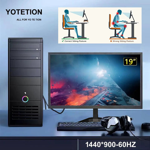 19 Inch HD Monitor With 1440 By 900 Resolution 60Hz Refresh HDMI And VGA Slim LED Display on desk with PC and keyboard
