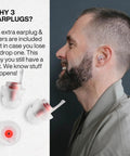 Man wearing Concert Ear Plugs For Clear Live Sound With Noise Reduction Up To 26dB, showing earplugs and extra filters.