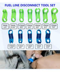 Heavy Duty 45 Piece Quick Release Hose Disconnect Tool Set For Automotive AC Fuel And Transmission Line Removal showing green and blue fuel line tools.