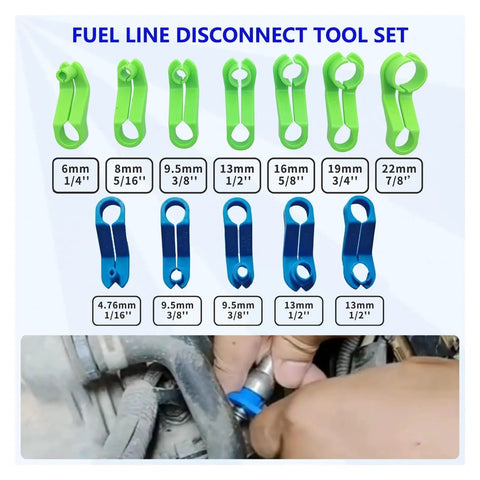 Heavy Duty 45 Piece Quick Release Hose Disconnect Tool Set For Automotive AC Fuel And Transmission Line Removal showing green and blue fuel line tools.