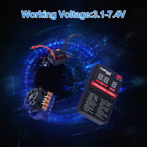 LED RC ESC Programmer Card For Brushless ESCs 25A-150A, Compatible With Rocket RC And Surpass Hobby ESCs, front view with voltage 3.1-7.4V