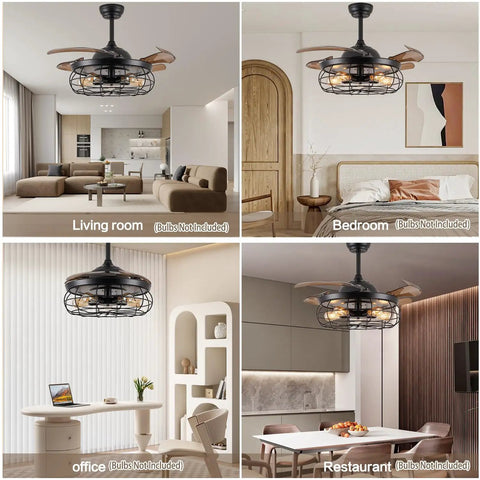 Collage of 36 Inch Caged Ceiling Fan with remote in living room, bedroom, office, and restaurant settings.
