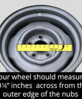 Set Of 4 Ten One Eighth Inch Closed Front And Rear Center Caps In Chrome For Cars Trucks And SUVs Universal Fit Easy Push Through Installation Durable Steel Construction With Bright Chrome Finish shown with wheel measuring guide