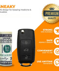 Lowkey Discreet Car Key Diversion Safe With Hidden Secret Compartment Stash Box Decoy Key Fob next to rolled dollar bill
