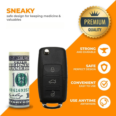 Lowkey Discreet Car Key Diversion Safe With Hidden Secret Compartment Stash Box Decoy Key Fob next to rolled dollar bill