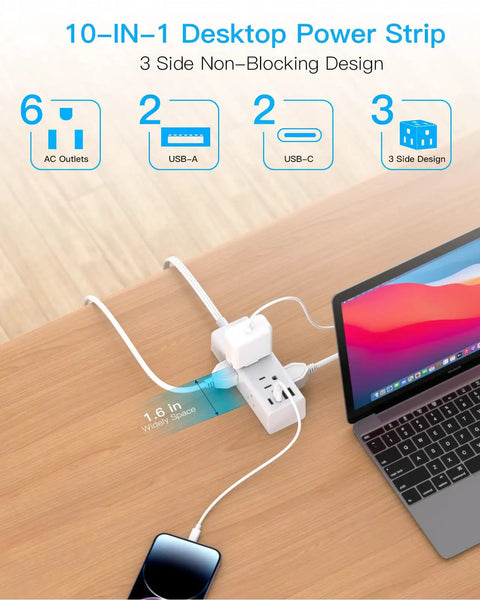 Ultra Flat 10 Ft Extension Cord With Multiple Outlets, Slick Right Angle Plug Power Strip For Home Office Dorm And Behind Furniture, Low Profile Wall Plug Cord Organizer on desk with laptop