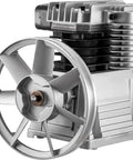 VEVOR air compressor pump head with large flywheel and finned aluminum cylinder housing.