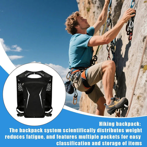 Breathable Hydration Vest Pack for Runners with Built-In Water Reservoir, shown next to climber scaling a rock face outdoors.