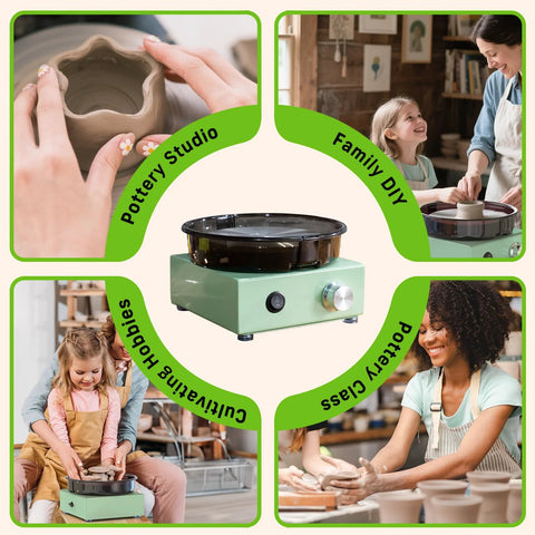 Alldeer mini pottery wheel kit with a green metal base and black 6-inch turntable, front view.