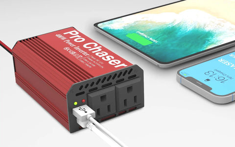 Real Deal 400 Watt DC To AC Car Power Inverter With Dual 110V Outlets And USB C PD 65W Fast Charge for charging devices.