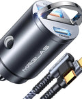 Heavy Duty Slick Hella Fast 90W Car Charger Adapter with PD 45W QC 45W Dual Port USB C Cable, metallic design, compact size.