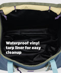 Interior of Monster 48L Gear Hauler Tote Bag in recycled nylon with waterproof vinyl liner, free-standing design for easy cleanup
