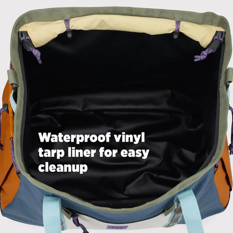 Interior of Monster 48L Gear Hauler Tote Bag in recycled nylon with waterproof vinyl liner, free-standing design for easy cleanup