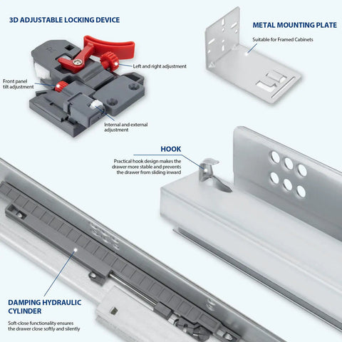 Heavy Duty Undermount Drawer Slides 21 Inch Soft Close Cabinet Runners with adjustable locking and damping cylinder.