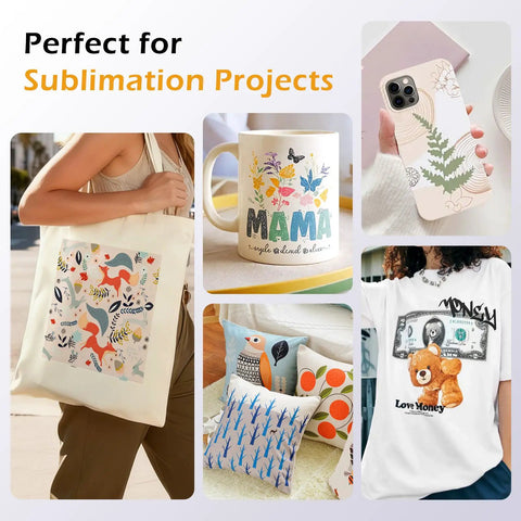 Various sublimation projects featuring tote bags, a mug, a phone case, pillows, and a t-shirt using heavyweight 125gsm sublimation paper.