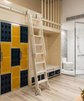 Sliding Barn Door Hardware Kit With Library Rolling Ladder Track Bracket System installed in a modern room interior.