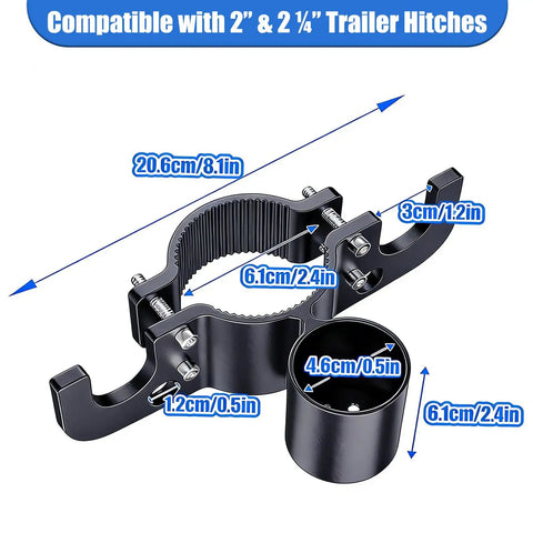 Heavy Duty Aluminum Trailer Chain Organizer with 7 Way Plug Holder, dimensions labeled for 2 and 2.25 inch tongue jacks, black color.