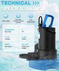 Badass High Power Automatic Pool Cover Pump With 3500 Gph Flow Submersible Sump Motor, specifications on water background.