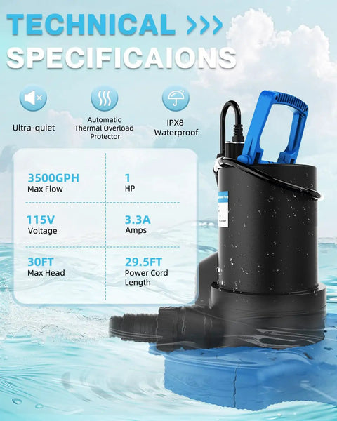 Badass High Power Automatic Pool Cover Pump With 3500 Gph Flow Submersible Sump Motor, specifications on water background.