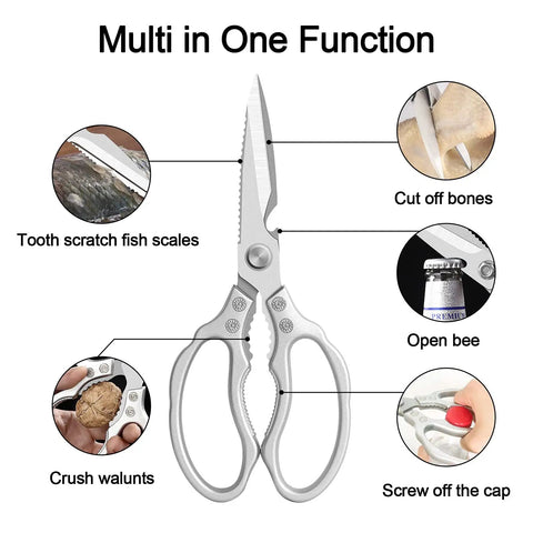 Heavy Duty Kitchen Scissors Multi Purpose Shears For Chicken Poultry Fish Meat And Herbs Dishwasher Safe With Non Slip Grips Extra Thick 3.5 mm Blades Built Tough For Everyday Kitchen Snipping. Multi-function kitchen shears with fish scaler, bone cutter, bottle opener, and nut cracker