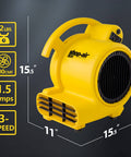 Professional 500 Max CFM Air Mover With 12 Ft Cord, 3 Drying Settings, Lightweight Portable Unit, dimensions and features shown