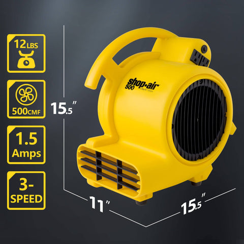 Professional 500 Max CFM Air Mover With 12 Ft Cord, 3 Drying Settings, Lightweight Portable Unit, dimensions and features shown