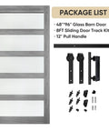 Built Tough Frosted Glass Barn Door 48 By 96 Inches With Heavy Duty Eight Foot Sliding Track Hardware Kit In Gray showing door and hardware components.