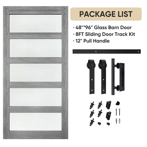 Built Tough Frosted Glass Barn Door 48 By 96 Inches With Heavy Duty Eight Foot Sliding Track Hardware Kit In Gray showing door and hardware components.