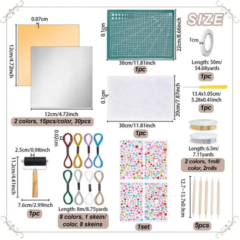 Detailed view of Metal Embossing Kit 51 Pcs for DIY Art Projects with Aluminum Foil Sheets 12x12cm and additional tools and materials