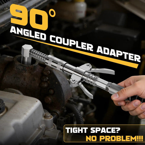 High Pressure Pro Grade Grease Gun Coupler Kit With 12000 PSI Quick Release 90 Degree Adapter in use on engine component