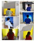 Top Tier Portable Soundproof Booth Desktop Vocal Shield used in various scenes with blue and yellow high density acoustic foam panels.